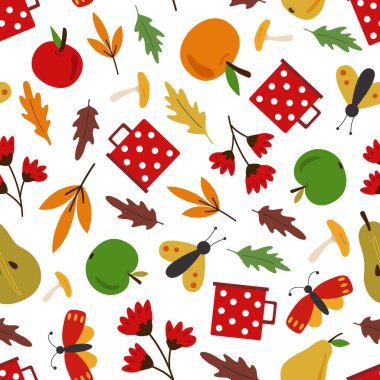 Rosehip, güller ve yapraklar pürüzsüz desen. Yaban gülü çiçekleri, böğürtlenler ve düşen yapraklar koleksiyonu. Sonbahar havası. Düz dizayn. Beyaz arkaplanda izole edilmiş vektör ögeleri.