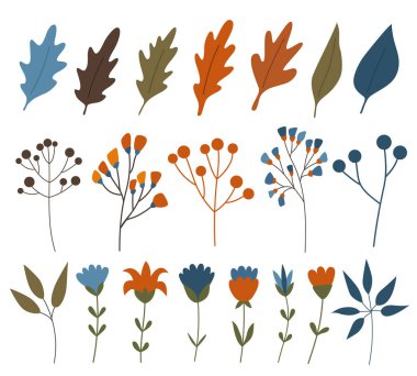 Rosehip, güller ve yapraklar pürüzsüz desen. Yaban gülü çiçekleri, böğürtlenler ve düşen yapraklar koleksiyonu. Sonbahar havası. Düz dizayn. Beyaz arkaplanda izole edilmiş vektör ögeleri.