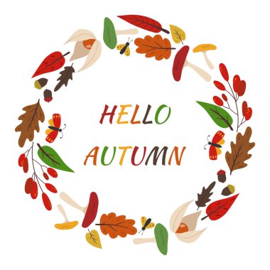 Rosehip, güller ve yapraklar pürüzsüz desen. Yaban gülü çiçekleri, böğürtlenler ve düşen yapraklar koleksiyonu. Sonbahar havası. Düz dizayn. Beyaz arkaplanda izole edilmiş vektör ögeleri.