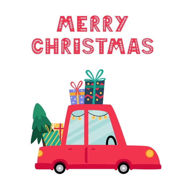 Weihnachten Und Neujahr Urlaub Rotes Auto Mit Geschenken Und Tannenbaum — Stockvektor