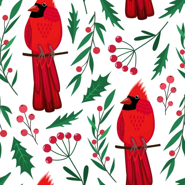 Vánoční Bezešvé Vzor Červenou Severní Kardinál Pták Zimní Rostliny Bobule — Stockový vektor