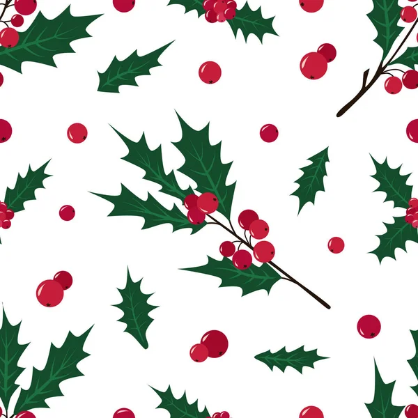 Kusursuz desen. Kırmızı böğürtlenli Holly Dalı, yapraklı. Geleneksel Noel kış bitkisi. Vektör illüstrasyonu beyaza izole edildi. Duvar kağıdı, ambalaj, tekstil, kumaş, hatıra defteri için arka plan.