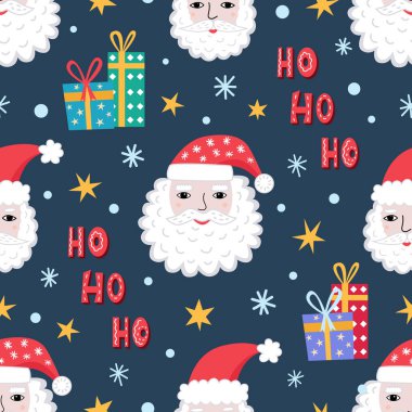 Noel Baba suratlı, hediyeli, kar taneli kusursuz bir desen. Sevimli çizgi film karakterleri. Noel Baba 'nın sakallı ve kırmızı şapkalı portresi. Duvar kağıdı, ambalaj, tekstil, hatıra defteri için izole vektör arkaplanı