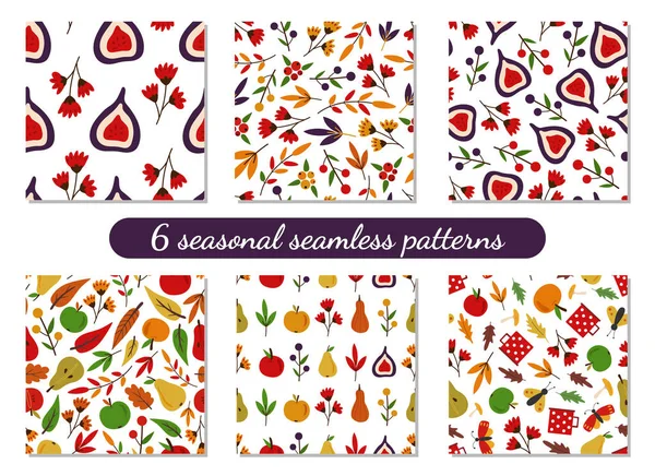 6 sonbahar koleksiyonu kusursuz sonbahar desenleri. Yapraklar, incirler, kelebekler, armut, elma. İzole vektör çizimi. Duvar kağıdı, ambalaj, tekstil için sezonluk arka planlar. Düz çizgi film tasarımı.