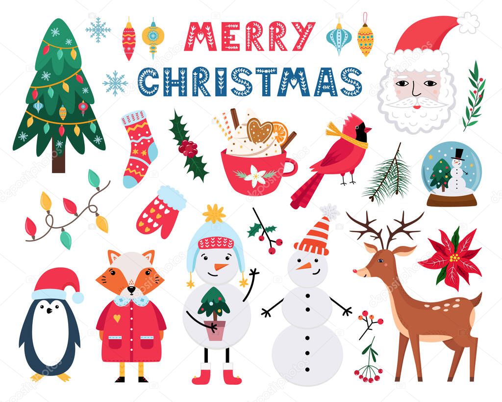 Collection of cute Christmas and New Year flat cartoon elements. Santa Claus, tree, reindeer, snowman, hot chocolate, gingerbread, cardinal, fox, penguin, holly. Vector illustration isolated on white.