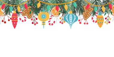 Kusursuz sınır, çerçeve. Çam ağacı dalları, portakal, zencefilli ekmek ve çelenkli Noel ve yeni yıl süslemeleri. Pankart, poster, başlık, kartlar için vektör arkaplan. Resim beyaza izole edildi.