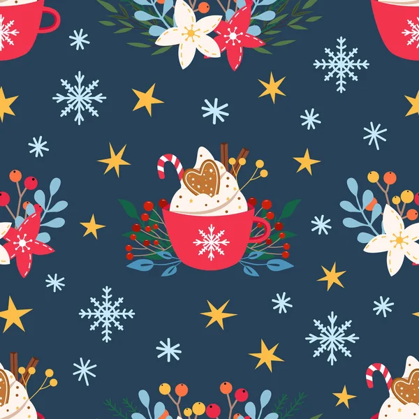 Kış çiçekleri, dekorasyonlar, sıcak çikolata, zencefilli ekmek, kar taneleri. Noel, duvar kâğıdı, ambalaj kağıdı, tekstil, kumaş için yeni yıl arkaplanı. İzole illüstrasyon.