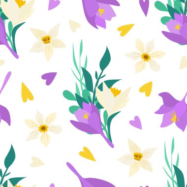 Bahar çiçekleriyle desenli çiçek deseni. Beyaz narsis, krokus, Paskalya buketi. İzole vektör çizimi. Ambalaj kağıdı, tekstil, duvar kâğıdı, albüm için arka plan. Düz çizgi film tasarımı.