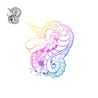 Çizgi sanat tarzı ve tavus kuşu tasarım vektörüne sahip tek boynuzlu at