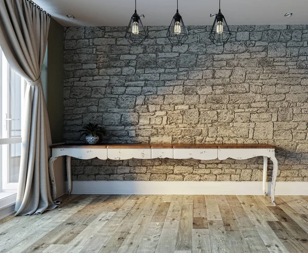 Moderno Diseño Interior Vacío Brillante Pared Piedra Cortina Clásica Renderizado —  Fotos de Stock