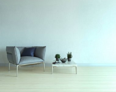 Boş oturma odası iç dekorasyon ahşap zemin, taş duvar konsepti. Ev, ofis ve otel için dekoratif arka plan. 3B illüstrasyon