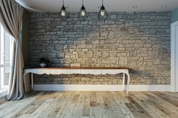 Modern, parlak, boş iç tasarım, taş duvar ve klasik perde. 3B görüntüleme