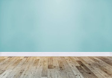 Boş oturma odası iç dekorasyon ahşap zemin, taş duvar konsepti. Ev, ofis ve otel için dekoratif arka plan. 3B illüstrasyon