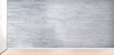 Boş oturma odası iç dekorasyon ahşap zemin, taş duvar konsepti. Ev, ofis ve otel için dekoratif arka plan. 3B illüstrasyon