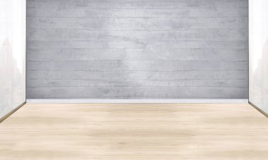 Boş oturma odası iç dekorasyon ahşap zemin, taş duvar konsepti. Ev, ofis ve otel için dekoratif arka plan. 3B illüstrasyon