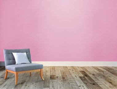 Boş oturma odası iç dekorasyon ahşap zemin, taş duvar konsepti. Ev, ofis ve otel için dekoratif arka plan. 3B illüstrasyon