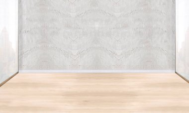 Yeni boş oturma odası iç dekorasyon ahşap zemin, taş duvar konsepti. Ev, ofis ve otel için dekoratif arka plan. 3B illüstrasyon