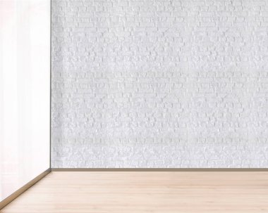 Yeni boş oturma odası iç dekorasyon ahşap zemin, taş duvar konsepti. Ev, ofis ve otel için dekoratif arka plan. 3B illüstrasyon