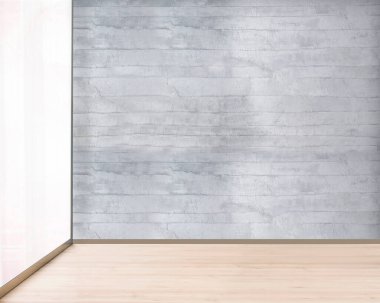 Yeni boş oturma odası iç dekorasyon ahşap zemin, taş duvar konsepti. Ev, ofis ve otel için dekoratif arka plan. 3B illüstrasyon