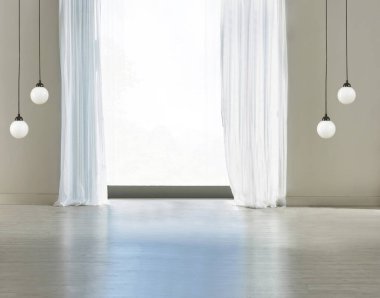 Boş oturma odası dekorasyonu modern lamba ve ahşap zemin, taş duvar konsepti. Ev, ofis, otel için dekoratif arka plan