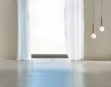 Boş oturma odası dekorasyonu modern lamba ve ahşap zemin, taş duvar konsepti. Ev, ofis, otel için dekoratif arka plan