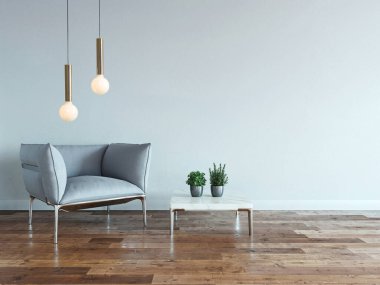 Yeni boş oturma odası iç dekorasyon ahşap zemin, taş duvar konsepti. Ev, ofis ve otel için dekoratif arka plan. 3B illüstrasyon