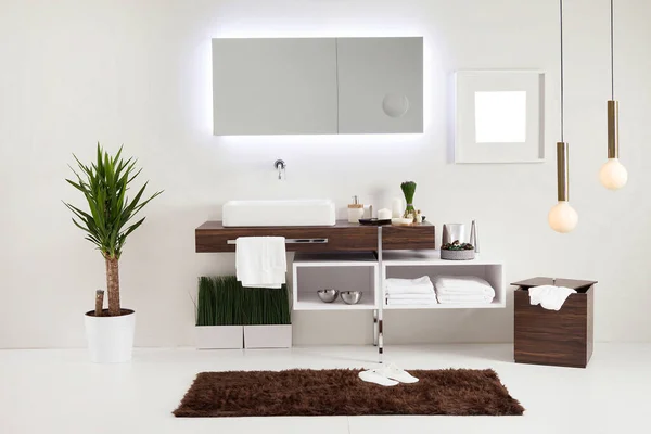 Stone Wall Clean Bathroom Style Interior Decorative Design Modern Lamp — Stock Photo, Image