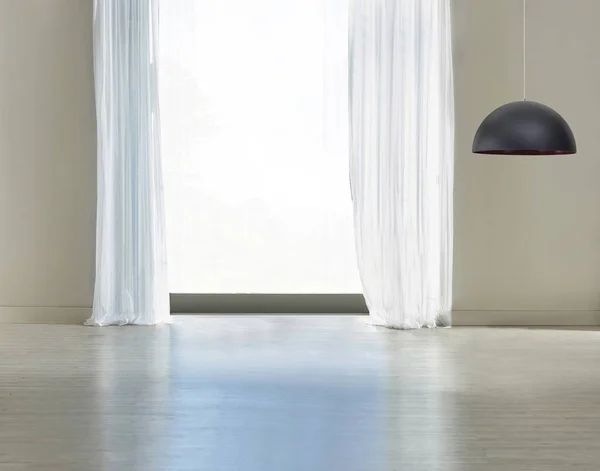 Leere Wohnzimmer Innendekoration Moderne Lampe Und Holzboden Steinwandkonzept Dekorativer Hintergrund — Stockfoto