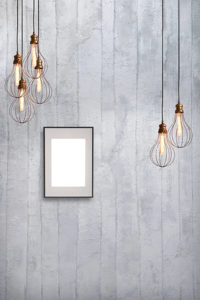 Dekorative Steinmauer Leerer Rahmen Moderne Lampe Und Innenarchitektur — Stockfoto