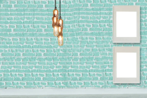 新しい緑の装飾レンガの石の壁 空のフレーム モダンなランプとインテリアデザイン 木製の床 — ストック写真