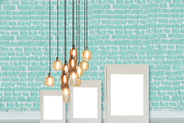 Groene Decoratieve Stenen Muur Leeg Frame Moderne Lamp Interieur Houten — Stockfoto