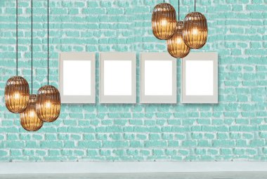yeşil dekoratif tuğla duvar, boş çerçeve, modern lamba ve iç tasarım