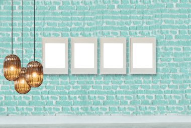 yeşil dekoratif tuğla duvar, boş çerçeve, modern lamba ve iç tasarım