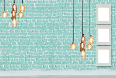 yeşil dekoratif tuğla duvar ve boş çerçeve. modern lamba