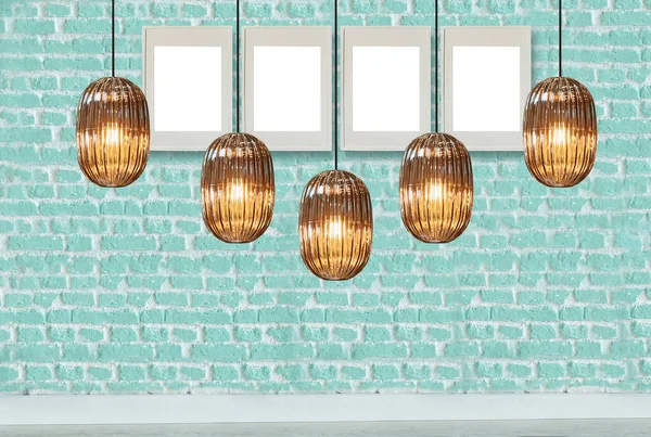 yeşil dekoratif tuğla duvar, boş çerçeve, modern lamba ve iç tasarım