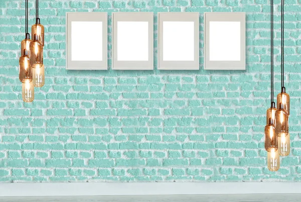 yeşil dekoratif tuğla duvar, boş çerçeve, modern lamba ve iç tasarım