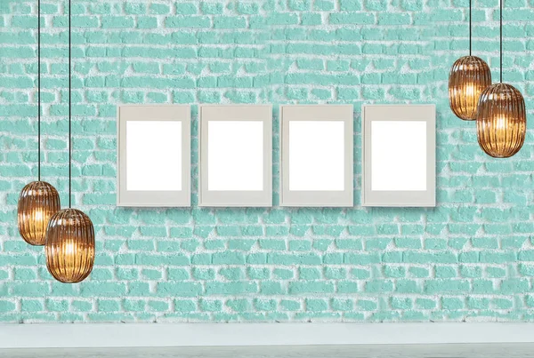 yeşil dekoratif tuğla duvar, boş çerçeve, modern lamba ve iç tasarım