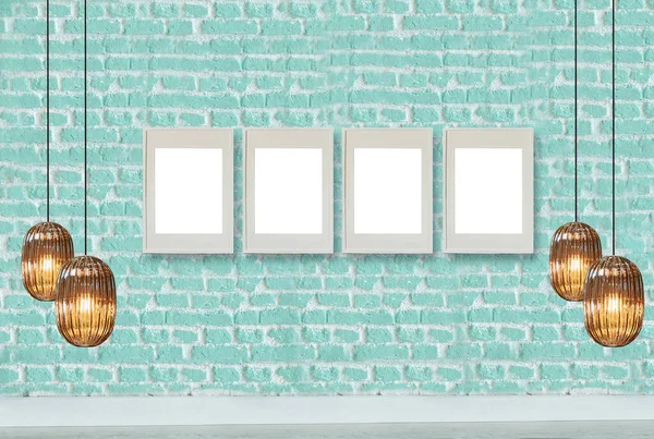 yeşil dekoratif tuğla duvar, boş çerçeve, modern lamba ve iç tasarım