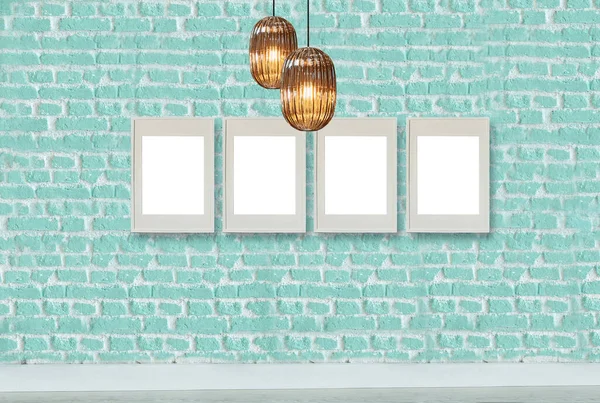 yeşil dekoratif tuğla duvar, boş çerçeve, modern lamba ve iç tasarım