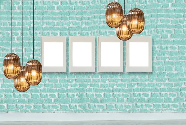 yeşil dekoratif tuğla duvar, boş çerçeve, modern lamba ve iç tasarım