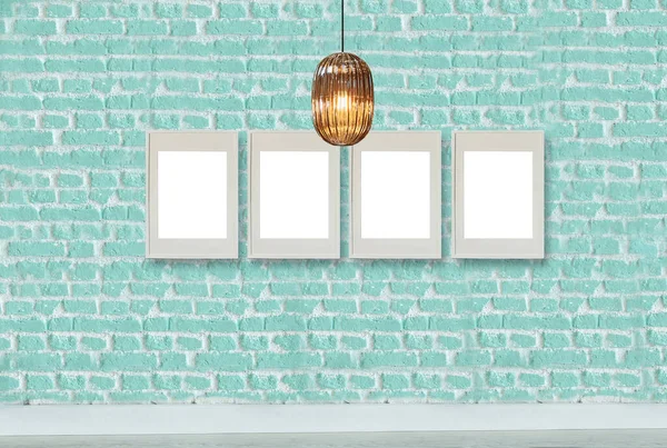 yeşil dekoratif tuğla duvar, boş çerçeve, modern lamba ve iç tasarım