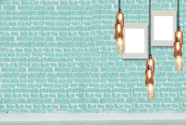 Groene Decoratieve Bakstenen Muur Blanco Frame Moderne Lamp — Stockfoto