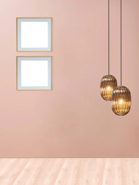 Stenen Muur Leeg Interieur Decoratie Moderne Lamp Houten Vloer Concept — Stockfoto