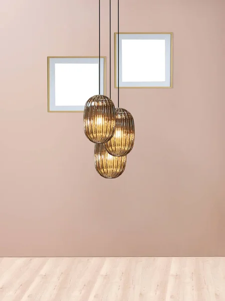 Stenen Muur Leeg Interieur Decoratie Moderne Lamp Houten Vloer Concept — Stockfoto