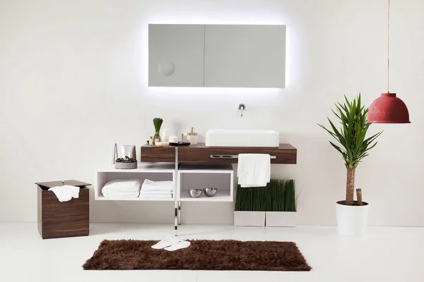 Gabinete Pared Blanco Diseñado Baño Moderno — Foto de Stock