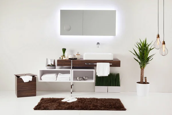 Gabinete Pared Blanco Diseñado Baño Moderno — Foto de Stock