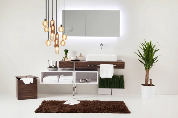 Temiz banyo stili, dekoratif tasarım, ahşap dolaplar.