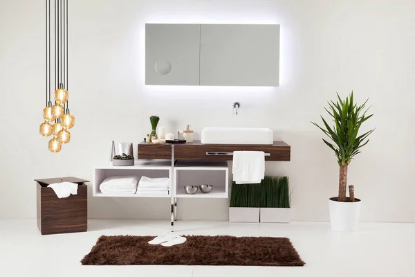 Temiz banyo stili, dekoratif tasarım, ahşap dolaplar.
