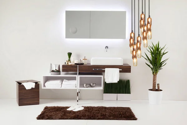 Temiz banyo stili, dekoratif tasarım, ahşap dolaplar.