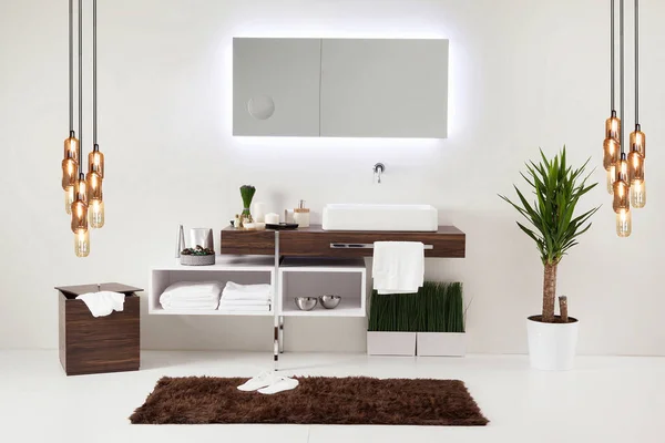 Sauberes Badezimmer Stil Und Innendekoration Holzschränke — Stockfoto